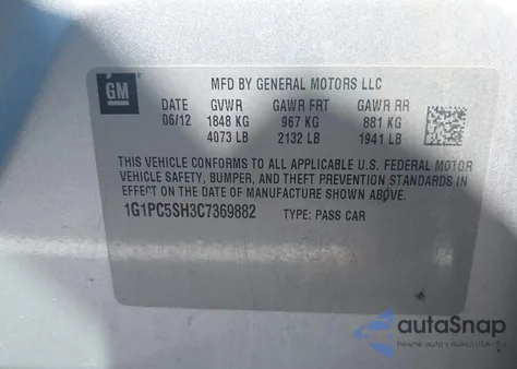 2012 Chevrolet Cruze Ls z USA, uszkodzony, nr VIN 1G1PC5SH3C7369882